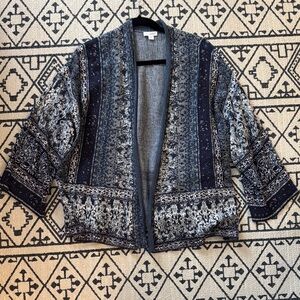 Open-Front Navy and Gray Patterned Women's Cardigan